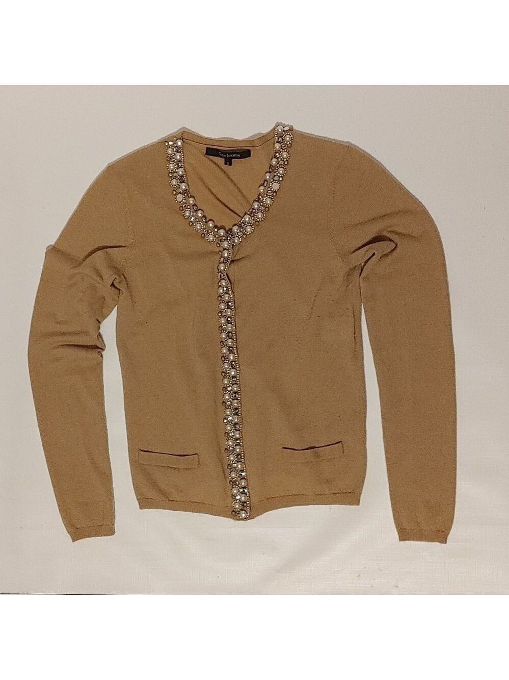 TARA JARMON Camel Cardigan with embellishments Women's Size Small 100% C…